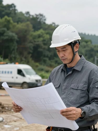 Portrait-oriented photo of an engineer in a hardhat reviewing blueprints on a field site, branded engineering vehicle visible in the background, overcast natural daylight, cool slate and forest green tones, sharp focus, 35mm, documentary engineering photography.