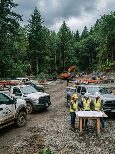 Branded MAP Engineering Inc. fleet vehicles parked on a gravel construction site in a lush, overcast Oregon forest, engineers in hardhats reviewing blueprints nearby, wide shot, documentary engineering photography.
