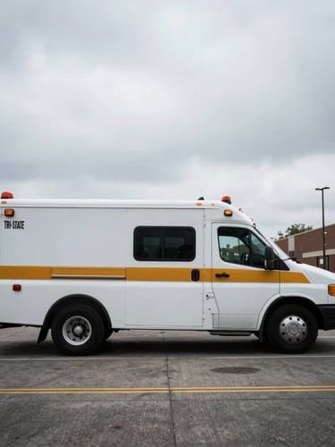Wide environmental shot of a specialized response vehicle in a Tri-State area urban setting, high-contrast overcast daylight, low horizon, amber accents.