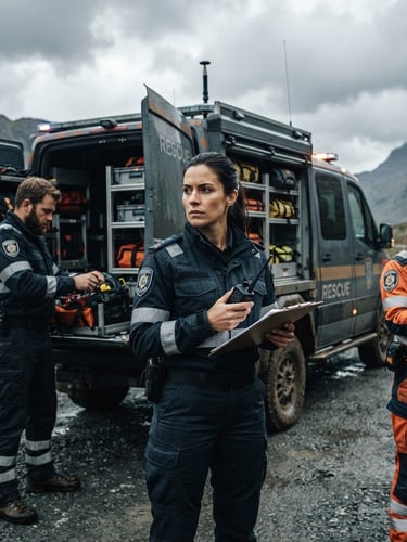 Team of emergency responders in professional uniform, high-contrast overcast daylight, focused and ready, specialized response vehicle in background.