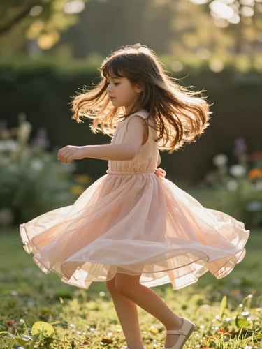 A young girl in a blush peach frock spinning around in a sunlit garden, motion blur on the skirt, warm golden hour lighting.