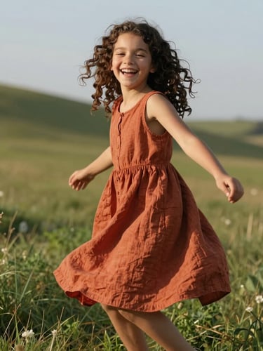 Portrait shot of a young girl with curly hair laughing and spinning on a grassy hill, wearing a warm terracotta linen frock, natural afternoon sunlight.