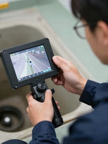 Close-up of a professional technician in a clean navy blue uniform holding a high-tech sewer inspection camera screen, bright and realistic lighting.