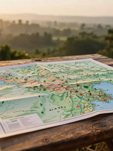 Close-up of a physical land map of Maval Taluka resting on a rustic wooden table, warm golden-hour light, 35mm