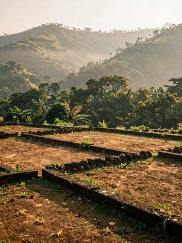 Sun-drenched plot of land in Lonavala with clear stone boundaries, misty hills in the background, warm editorial photography, 35mm