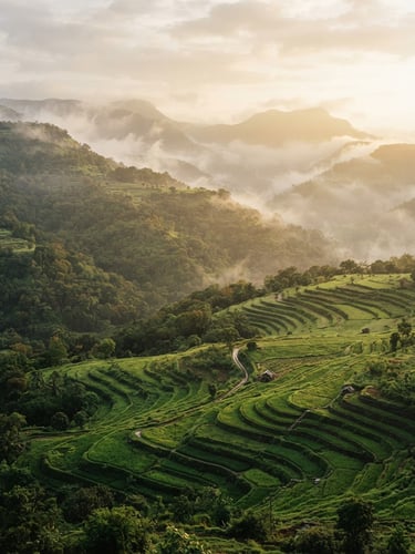 Misty morning over the Lonavala hillsides, soft golden-hour light illuminating lush green terraced land, wide-angle landscape, 35mm