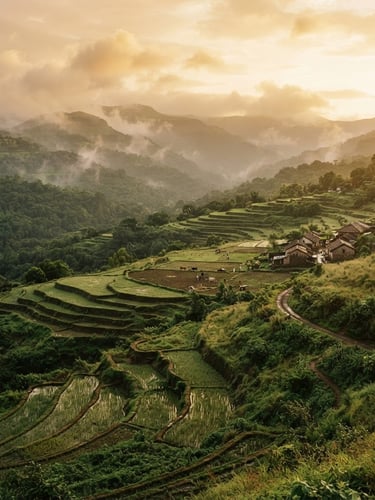Wide environmental landscape shot of misty Lonavala hillside at golden hour, showing lush green terraced land and clear boundaries, warm editorial photography, 35mm