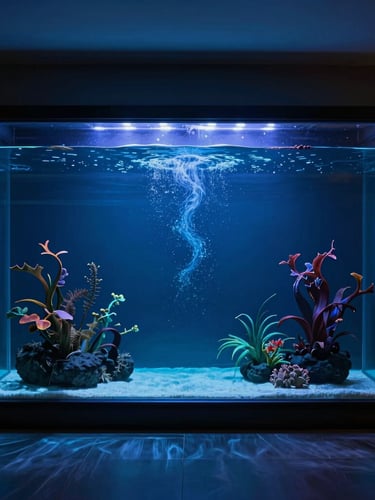 Dramatic wide shot of a completed luxury aquatic installation in a minimalist high-end living room, deep-water bioluminescent lighting, rich saturated tones, 35mm lens