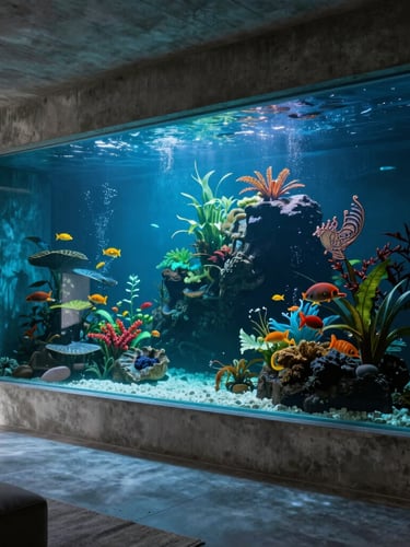 Dramatic wide shot of a luxury residential concrete living room featuring a massive, integrated structural acrylic aquascape wall, bioluminescent underwater glow, high-contrast shadows, 35mm lens