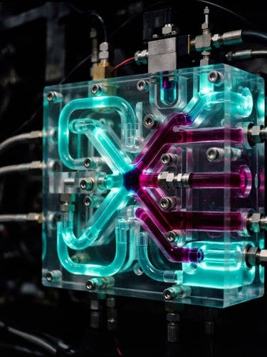 Macro close-up of heavy-duty structural acrylic hydraulic manifold with electric teal and deep magenta glowing fluid indicators, dramatic low-key technical lighting, dark background, 35mm lens, high-contrast rich saturated tones