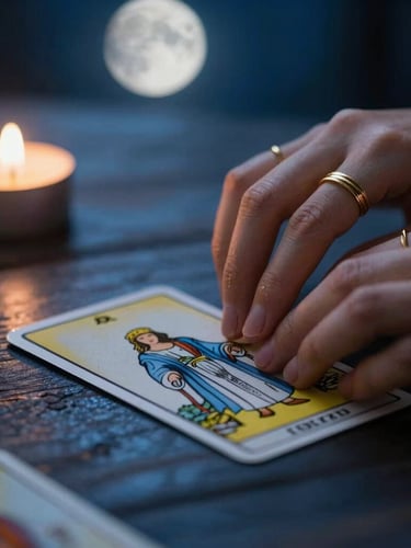 A close-up of hands with delicate gold rings gently turning over a tarot card on a dark wooden table, soft moonlight, low-key lighting, mystical editorial photography