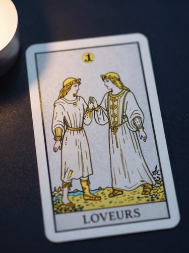 Top-down view of a single tarot card depicting the Lovers, modern minimalist gold line art, placed on a dark surface under dramatic moonlight