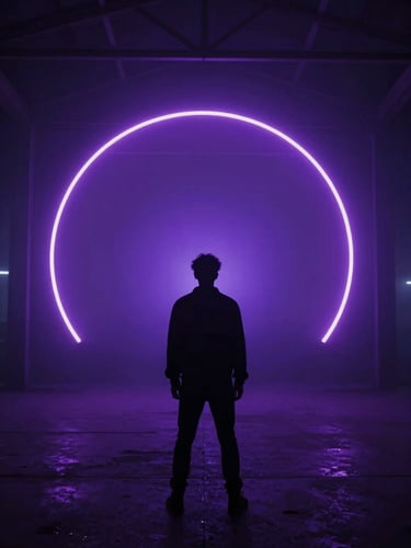Extreme wide cinematic still — a lone silhouette backlit by a deep violet neon arc in a fog-filled warehouse, darkness consuming the edges, high-contrast rim light, atmospheric haze