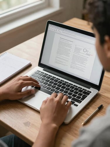 Close overhead shot of a young Indian creator's desk — open laptop with a portfolio draft visible on screen, a notebook with handwritten notes beside it, warm morning daylight coming from a nearby window, hands resting at keyboard edge, crisp and clear, optimistic tone