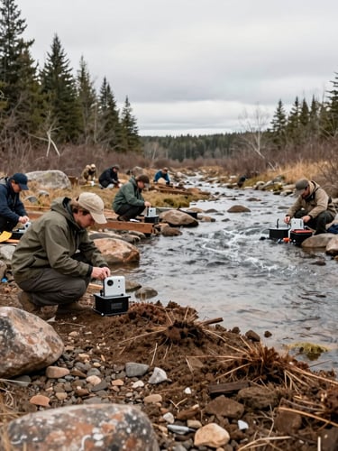 Medium shot of a newly planted riparian buffer along a small stream, water running over rocks, field researchers installing monitoring equipment, overcast daylight, Great Lakes earth tones.