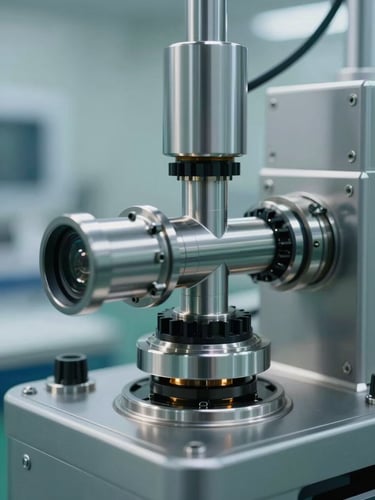Ultra-tight macro detail of high-precision pharmaceutical cleanroom equipment, cool diffused northern light, sterile steel and glass geometry.