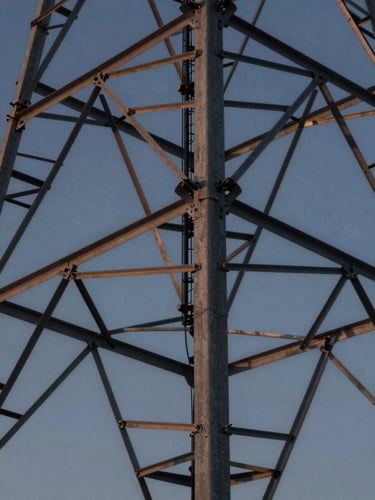 Macro close-up of telecommunications tower steel framework against a cool, diffused early morning blue sky, architectural geometry, high-contrast shadows