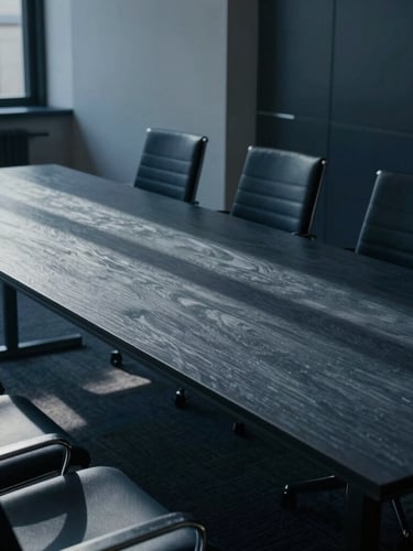 Extreme wide-angle shot of a quiet, empty corporate boardroom in London, cool diffused early-morning northern light, sharp architectural shadows, minimalist slate table, deep navy tones