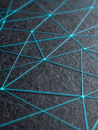 Abstract high-density data network map with sharp cyan lines on a dark slate grid, macro detail, high-contrast shadows.