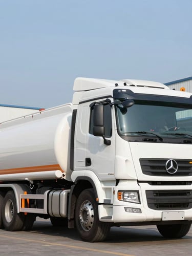 Low-angle heroic shot of a clean modern white fuel tanker truck parked at a high-contrast industrial site under sharp morning daylight, 35mm lens