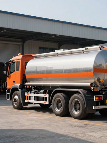 A clean modern fuel tanker truck parked at a bright industrial facility, sharp morning daylight, safety orange accents, commercial vehicle style, 35mm lens