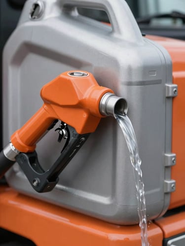 Macro shot of a clean fuel nozzle pouring pure diesel, high-contrast steel and safety orange tones, commercial style, 35mm lens