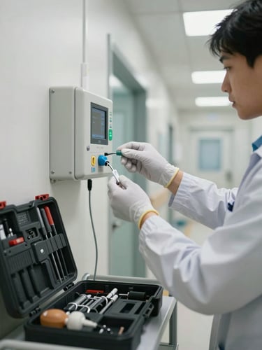 Technician's gloved hands connecting a medical monitoring device to a wall-mounted panel in a clinic corridor, tool kit open on a cart nearby, bright clinical fluorescent lighting, focus on the connection point and cable labeling