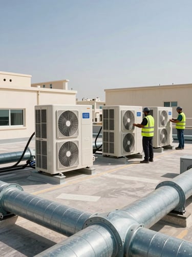 Wide shot of commercial HVAC units mounted on a hospital rooftop in Doha, technicians in hi-vis vests performing installation work, midday daylight casting clean shadows, industrial ducting visible in foreground