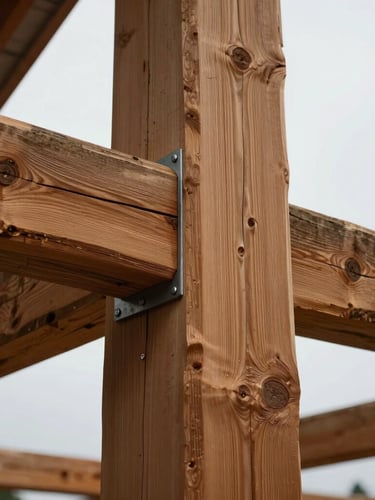 Detail of a timber-frame joinery connection under soft, overcast Pacific Northwest light, showing a steel plate bolted to a massive Douglas-fir post.
