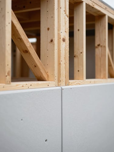 Close-up of a high-performance building envelope detail, showing the precise alignment of structural timber and weather-resistant barrier under diffused daylight.