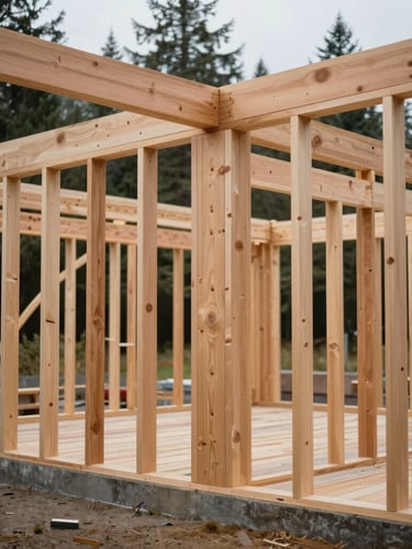 Wide shot of a heavy timber-frame structure during construction, raw Douglas-fir posts and beams meeting with precise mortise and tenon joinery, soft diffused Pacific Northwest daylight, forest background.