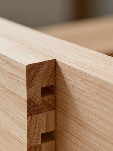 Extreme close-up of a hand-cut mortise and tenon joint in Douglas-fir timber, soft overcast light highlighting the precise wood grain transitions.