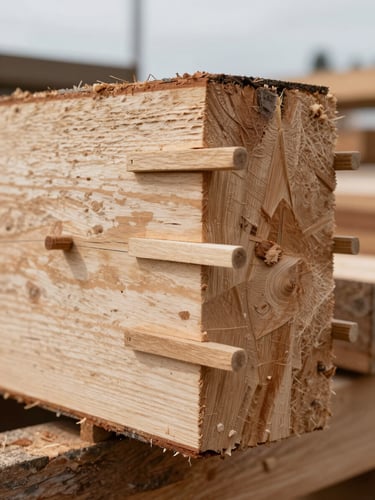 Close-up of a Douglas-fir timber joint with traditional wooden pegs, soft overcast daylight, architectural precision.