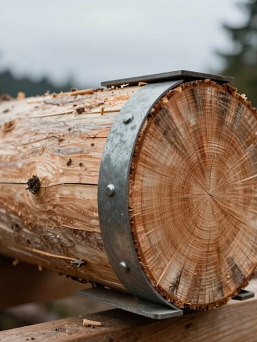 Extreme close-up of a complex Douglas-fir timber joint meeting a steel plate, soft overcast Pacific Northwest daylight, raw material textures visible.