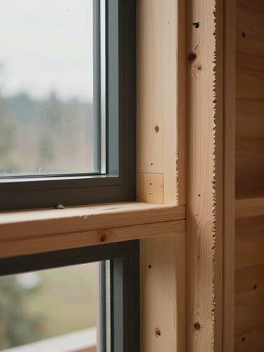 Close-up of a high-performance wall assembly transition, triple-glazed window frame meeting raw Douglas-fir timber, soft PNW overcast light, architectural precision.