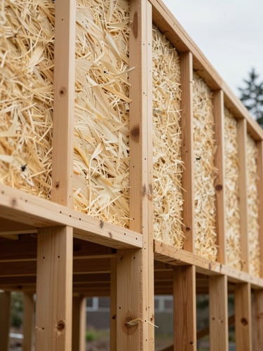 High-performance building envelope detail, showing continuous exterior wood-fiber insulation boards being fastened to timber framing, soft PNW daylight, architectural precision.