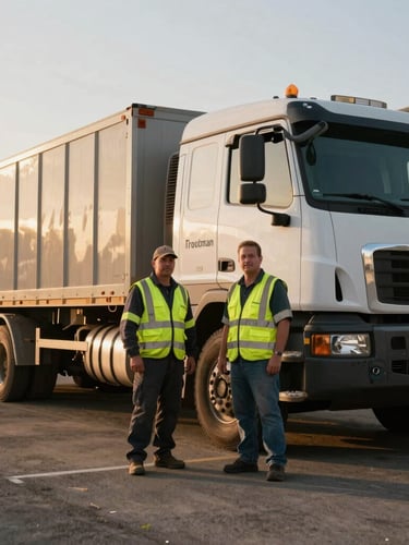Professional portrait of two site operators in high-vis gear standing near a heavy hauling truck at the Troutman office, early morning golden hour, 35mm