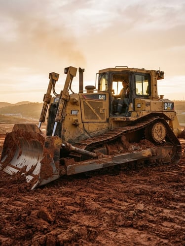 Low-angle heroic shot of a yellow bulldozer idling on red clay at golden hour, sharp focus, 35mm gritty industrial photography
