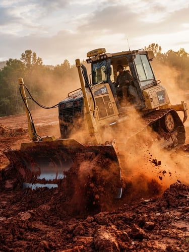 Low-angle heroic shot of a yellow GPS-guided bulldozer cutting through red North Carolina clay, dramatic morning dust, sharp focus, 35mm