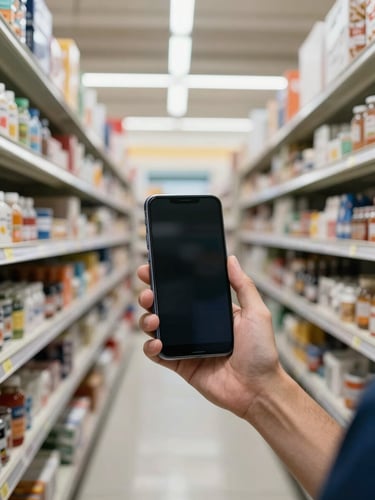 Wide environmental shot looking down a retail store aisle, a worker's hand holding an Android device at waist height, product shelves on both sides, natural light from skylights above, device screen dimly glowing, no faces visible