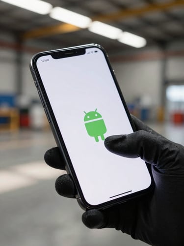 Extreme close-up of a gloved thumb swiping an Android phone screen, device held in one hand at a loading dock bay, harsh overhead fluorescent warehouse lighting casting strong shadows across the glass, concrete floor visible in the background out of focus