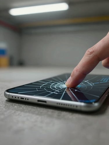 Extreme close-up of a thumb pressing a cracked Android screen on a warehouse floor, harsh fluorescent overhead light, concrete background slightly out of focus