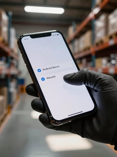 Extreme close-up of a thumb swiping an Android phone screen, device held in a gloved hand inside a warehouse, fluorescent overhead lighting casting hard shadows across the glass surface, shelving units blurred in the background, gritty industrial atmosphere