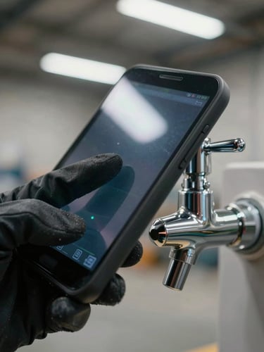 Extreme close-up of a gloved thumb pressing a large tap target on an Android screen, fluorescent warehouse light reflecting off the glass at an angle, the device held at a slight tilt in one hand, concrete floor blurred in the background