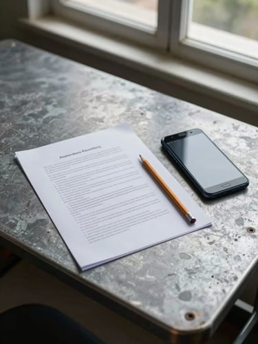 Overhead shot of a weathered metal worktable with a printed document, a pencil, and an Android handset side by side, overcast natural light from a high window, no people