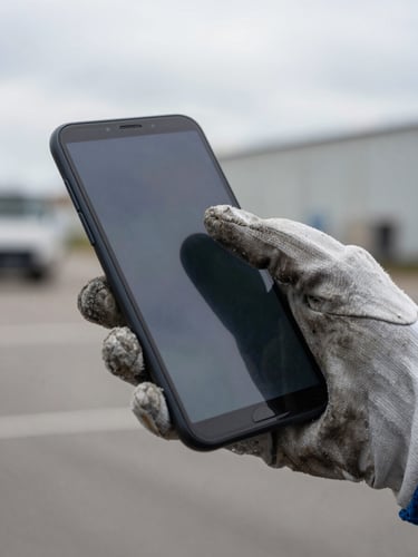Close-up of a gloved hand swiping an Android screen outdoors, bright overcast sky reflected faintly on the glass, worn work glove visible, industrial background blurred