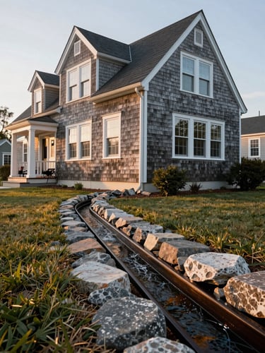 Low-angle architectural photograph of a shingle-style Cape Cod home, crisp morning light, showing a newly installed French drain with clean river stone border routing water away from the foundation.