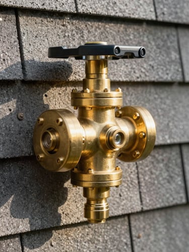 Close-up of a professional brass backflow preventer assembly, neatly installed against a shingled wall, illuminated by crisp morning sun.