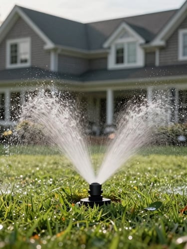 Low-angle shot of a clean, modern sprinkler head misting water over perfectly manicured turf on a Cape Cod estate, bright morning light with dew, shingle-style house softly blurred in the background