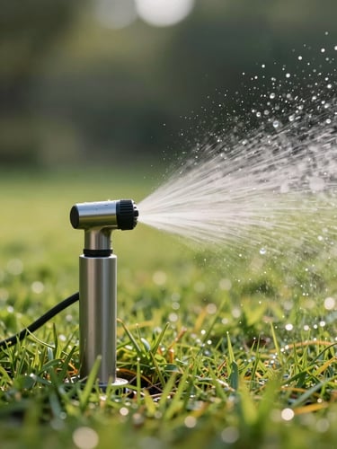 Low-angle close-up of a modern stainless steel sprinkler head cleanly misting a manicured lawn under soft morning light, water droplets suspended.